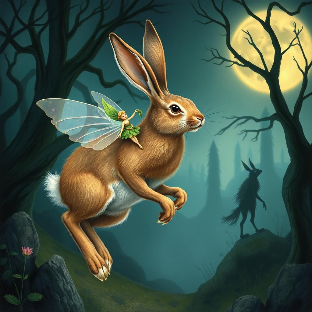 Hare and Fairy in Moonlit Forest