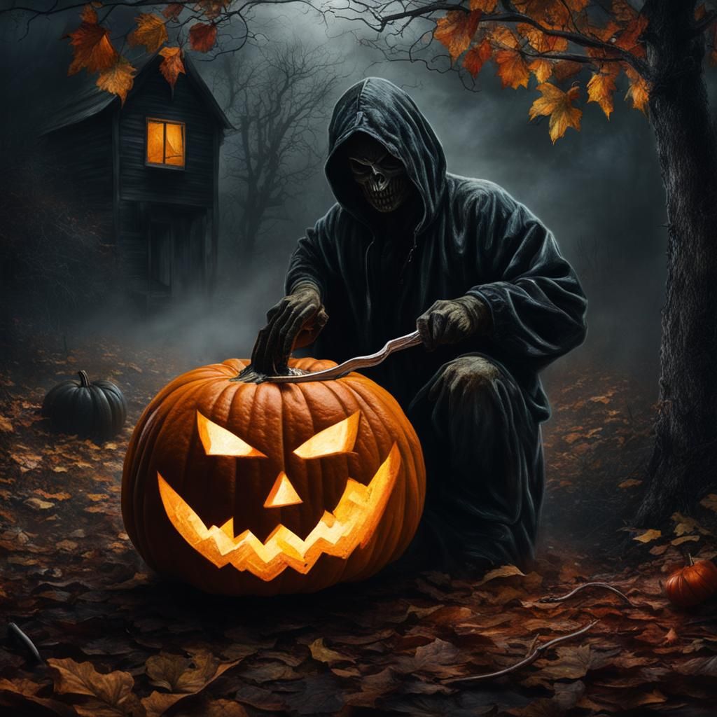 Pumpkin Serial Killer's Macabre Carving: Dark Horror Art
