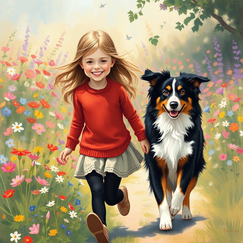 Young Girl with Brown Locks Smiles in a Vibrant Floral Field