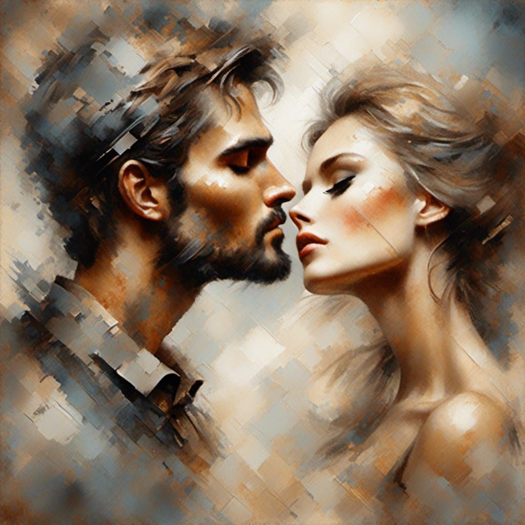 Romantic Kiss in Antique Watercolor Style
