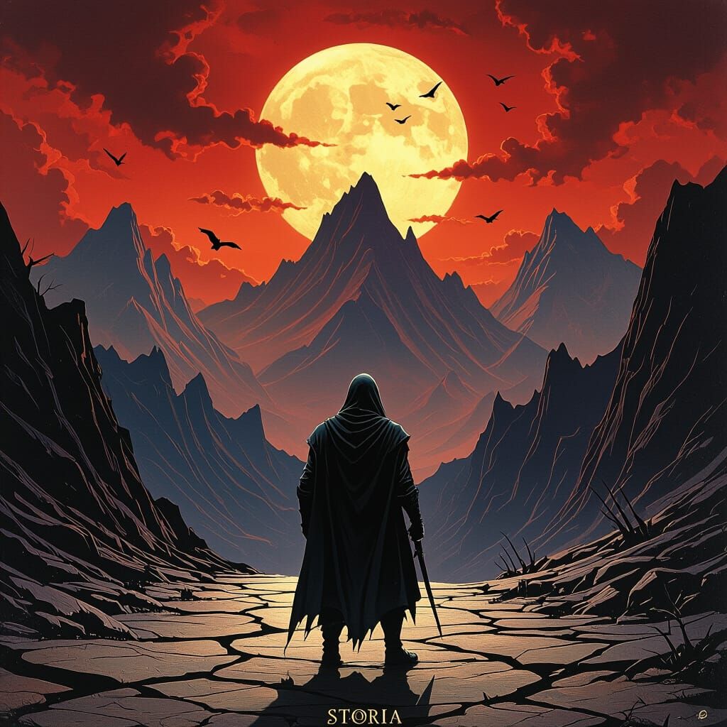 Epic Fantasy Traveler Gazing at Treacherous Landscape