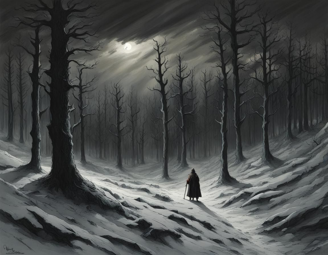Dark Nordic Forest Landscape in Horror Style