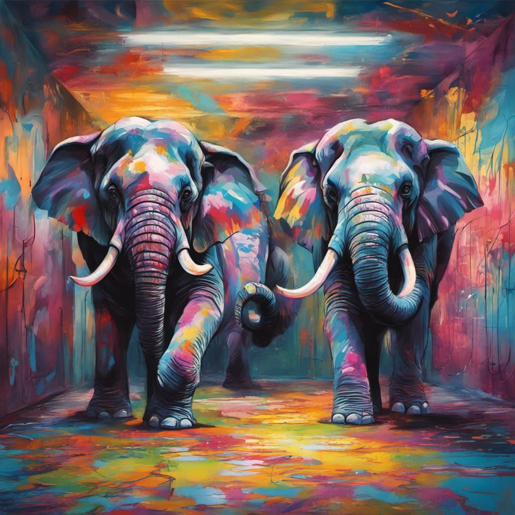 Elephants Playing Tennis: Graffiti Art Style