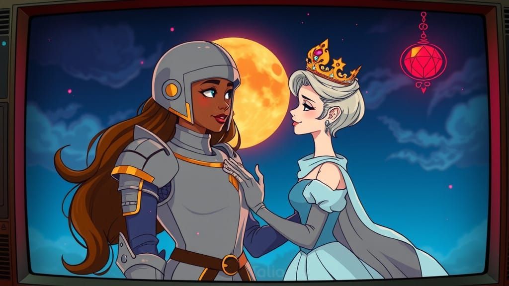 Retro Cartoon Knight and Princess Share Tender Moment in Dre...