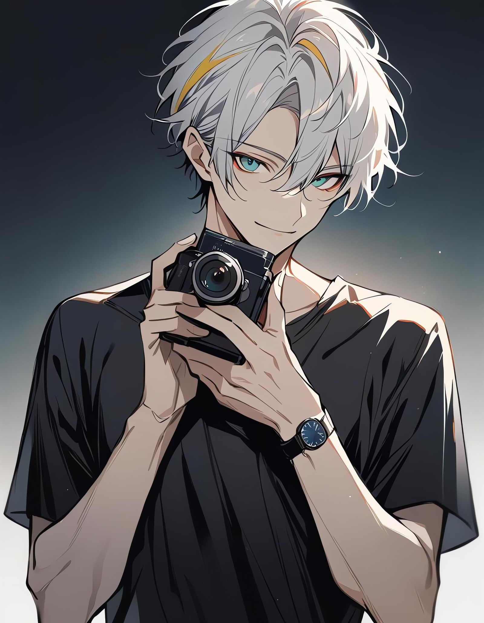 Bishounen with Camera and White Streaked Hair