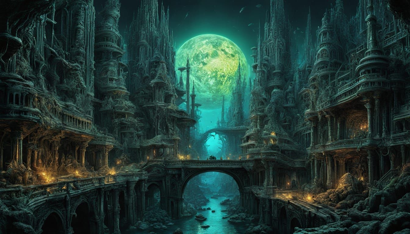 Bioluminescent Underwater City in Ancient Coral Reef