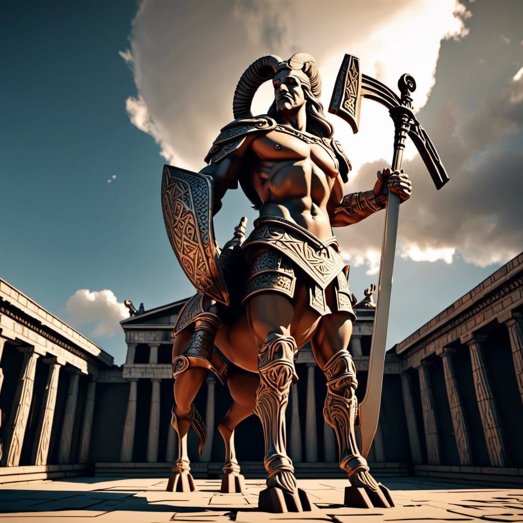 Armored Centaur Guarding Ancient Temple in 3D