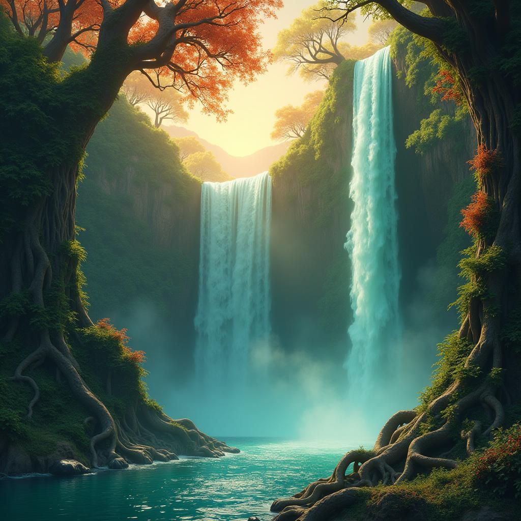 Dreamy Waterfall in Emerald Fantasy Landscape