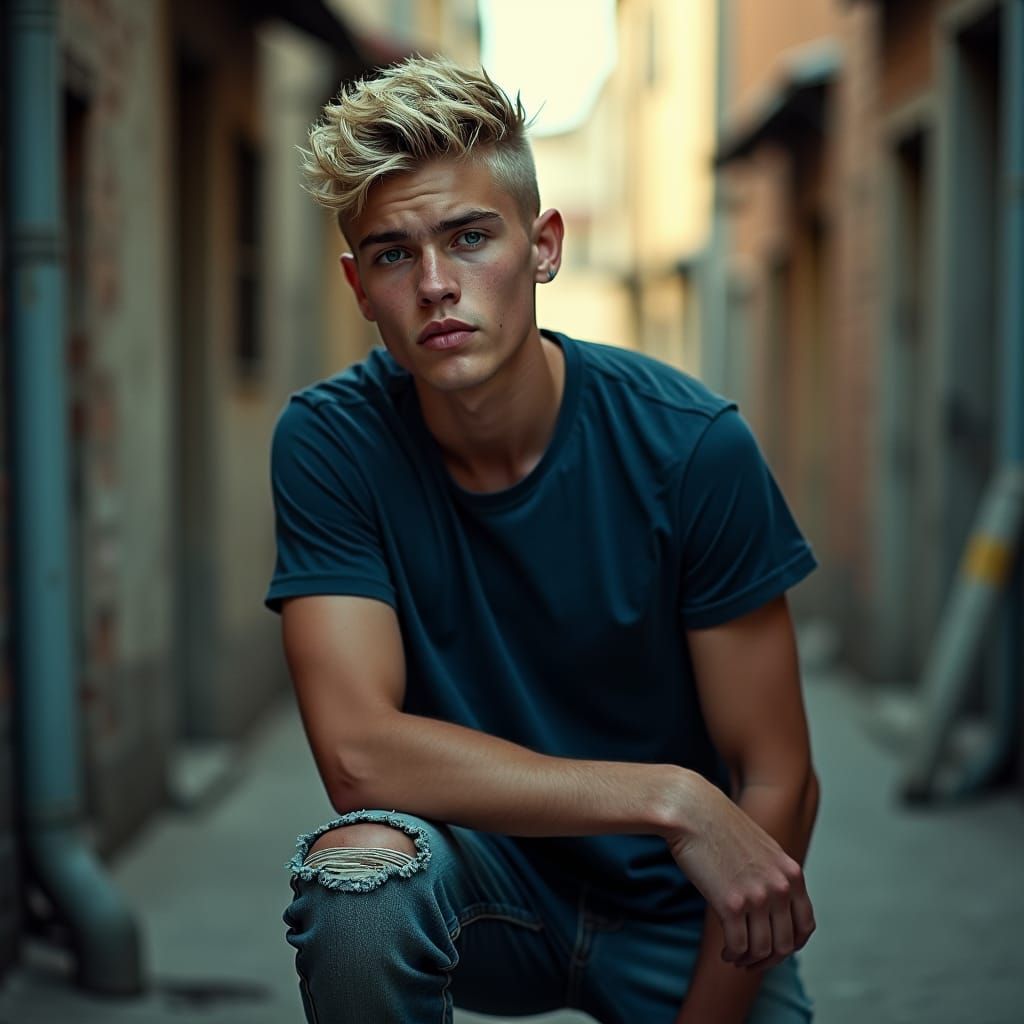 Blonde Man in Gritty, Realistic 35mm Film Still