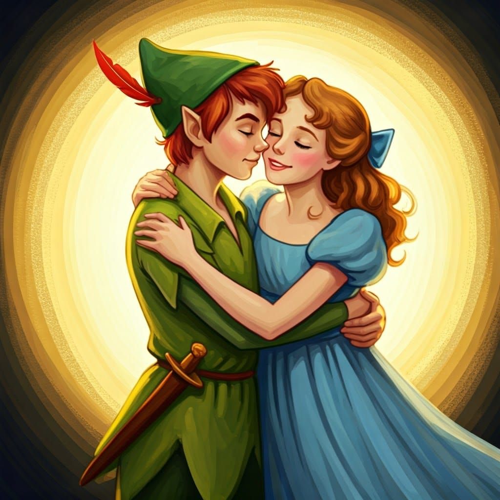 Peter Pan and Wendy Embrace in Neverland