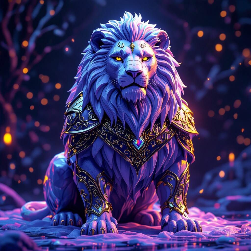 Majestic Ice Lion Sculpture in Mystical Armor