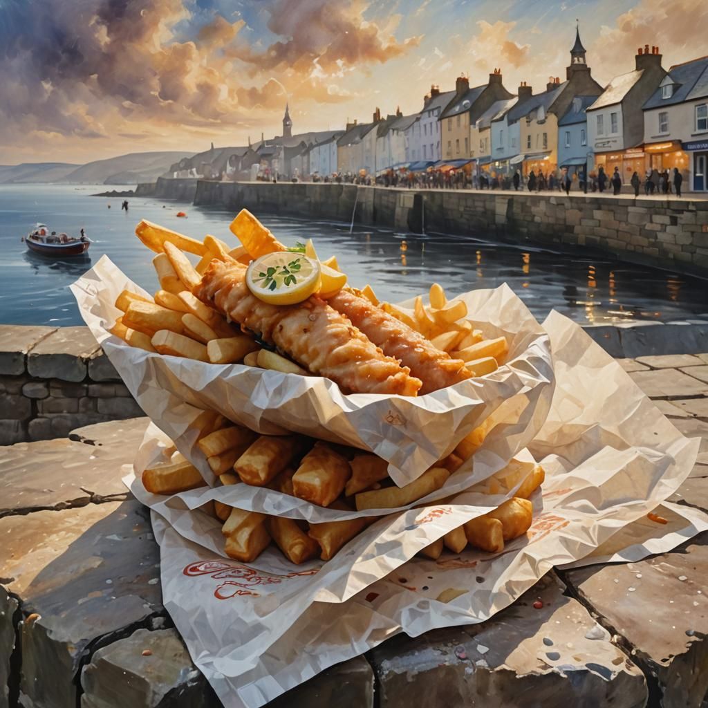 Mouthwatering Fish and Chips in Seaside Town, as Digital Art