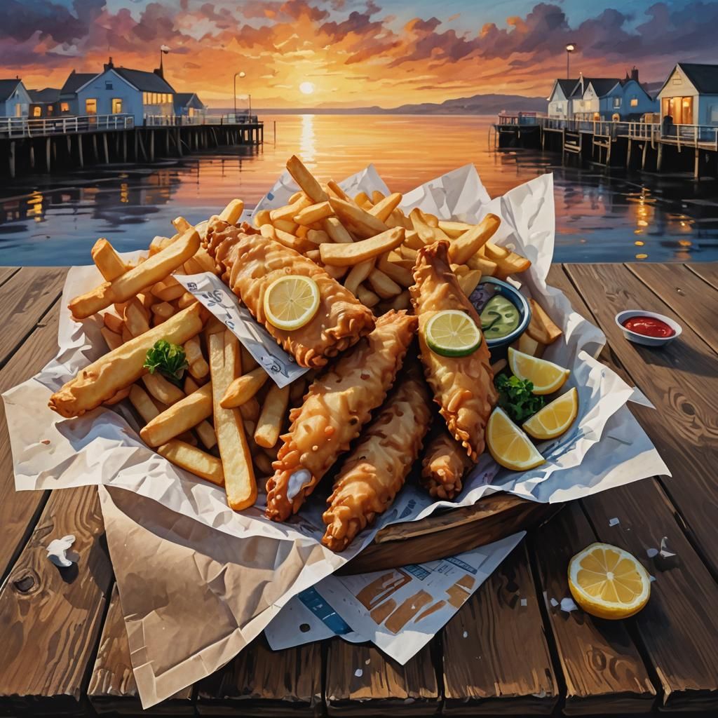 Mouthwatering Seaside Fish and Chips as Oil Painting