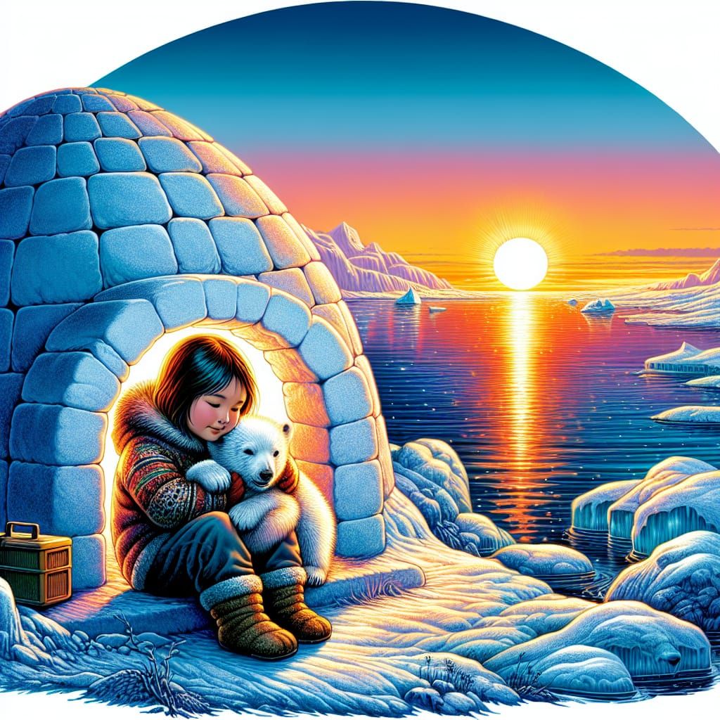 little Eskimo girl and her little baby-polar bear