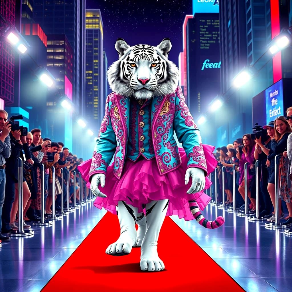 Surreal White Tiger Stuns at Fashion Week in Cosmic Ensemble