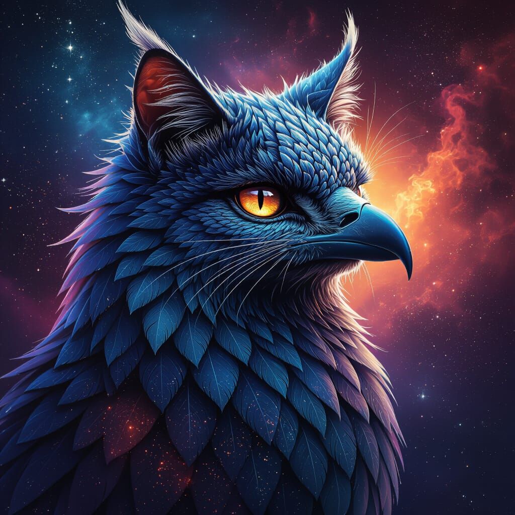 Feline-Avian Chimera in Cosmic Matte Painting Style