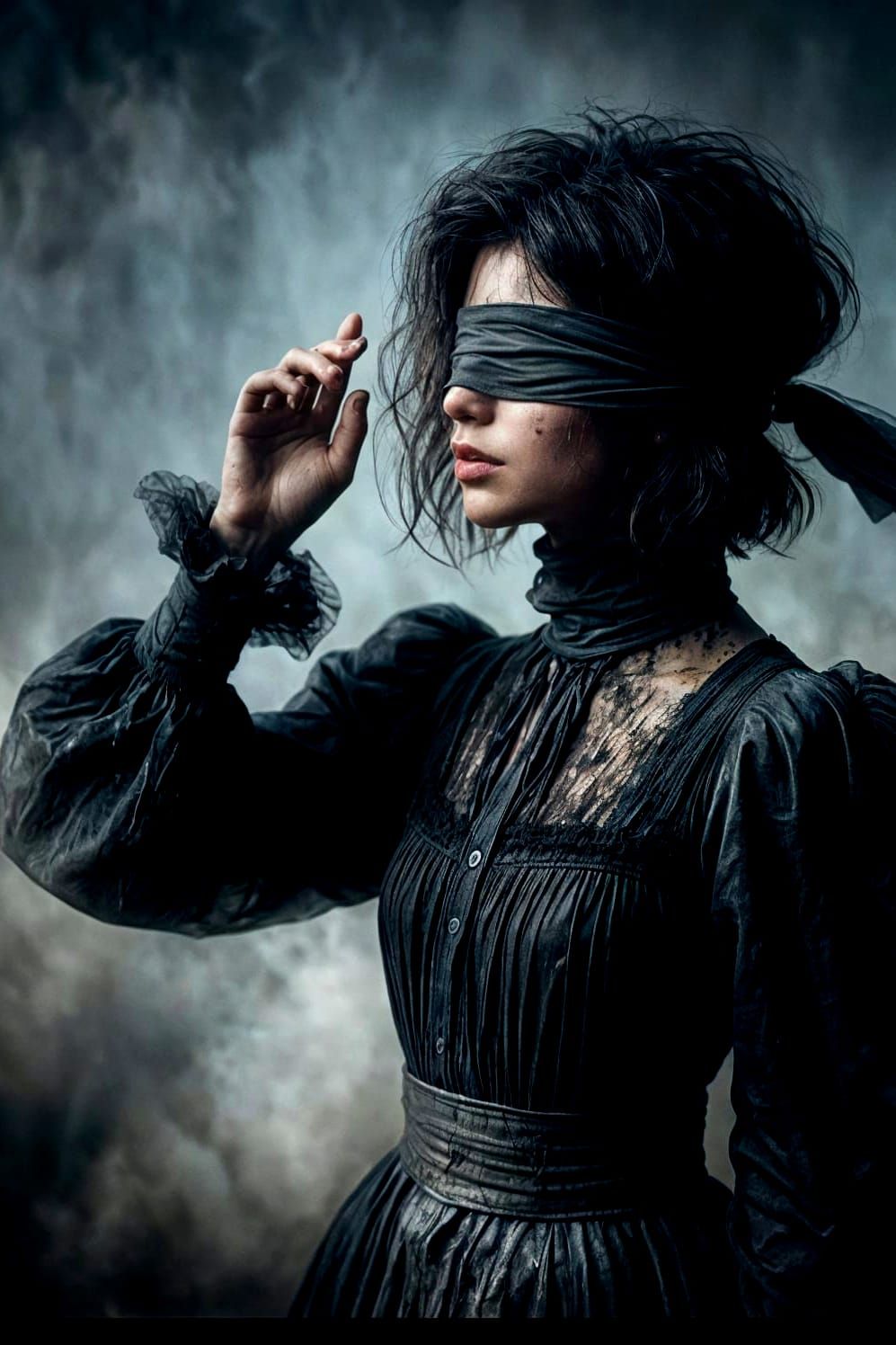 Melancholic Hispanic Woman in Grimy, Foggy Scene