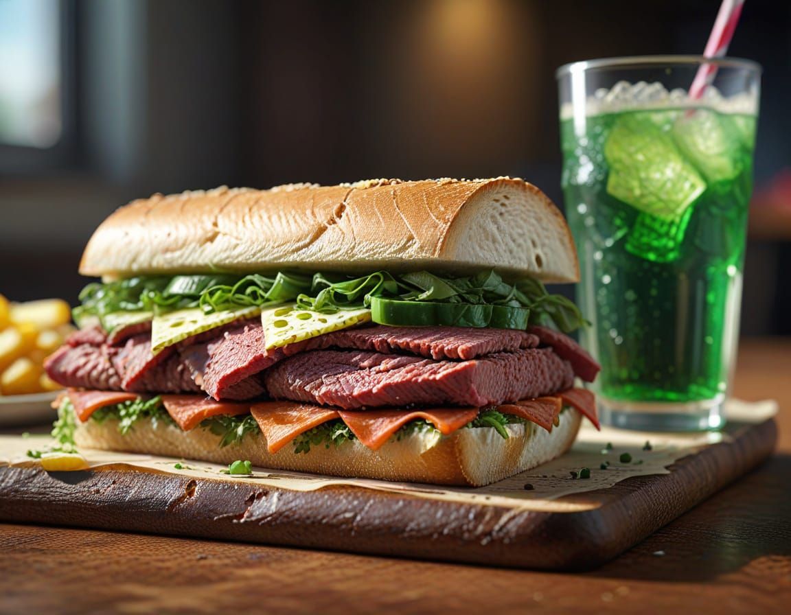 Hyper-Realistic Corned Beef Sandwich and Soda
