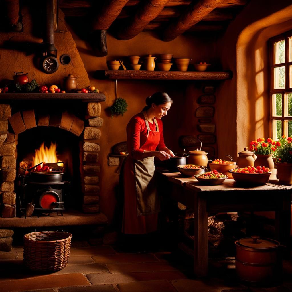Cozy Rustic Kitchen with Steaming Soup, Oil Painting