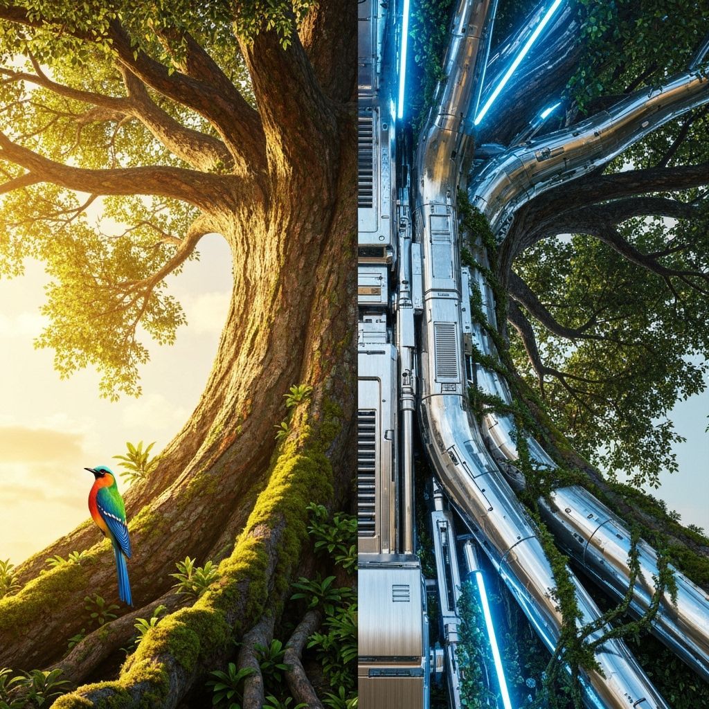 Nature vs. Technology: Cyberpunk Tree in Golden Light