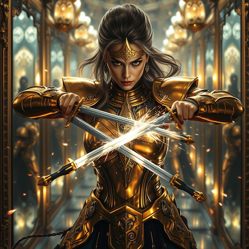 Golden Warrior Battles Reflection in Hall of Mirrors