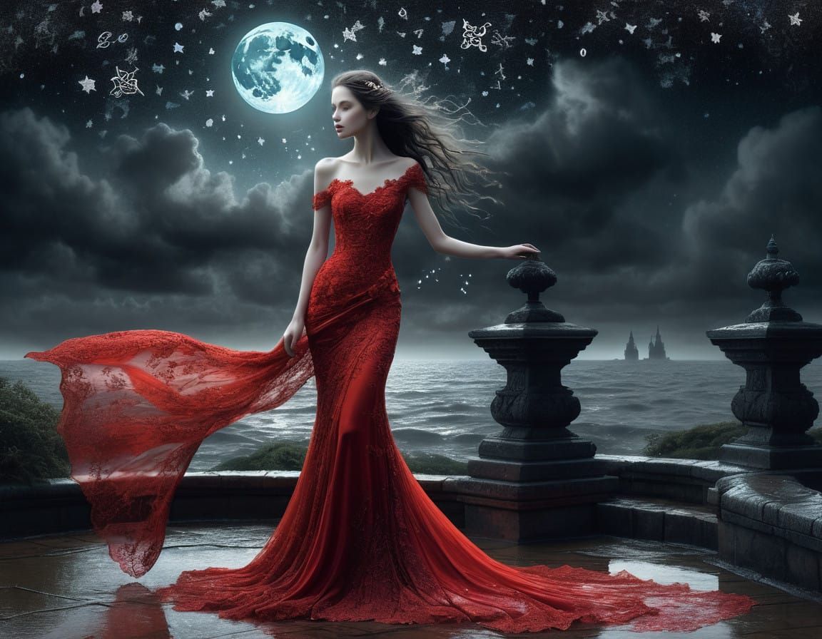 Ethereal Lady in Translucent Red Dress Under Starry Night Sk...
