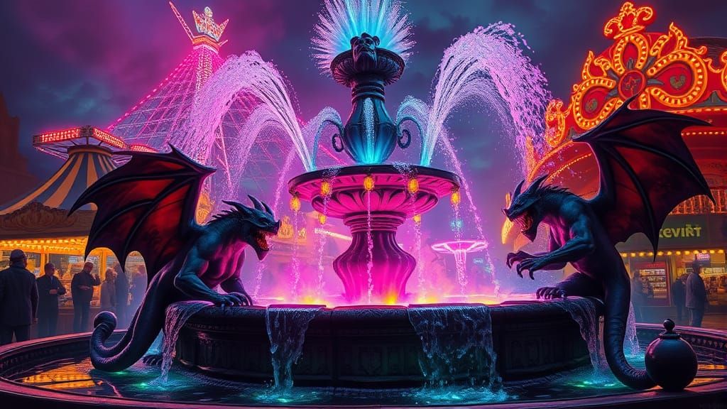 Dark Carnival Fountain with Animated Gargoyles