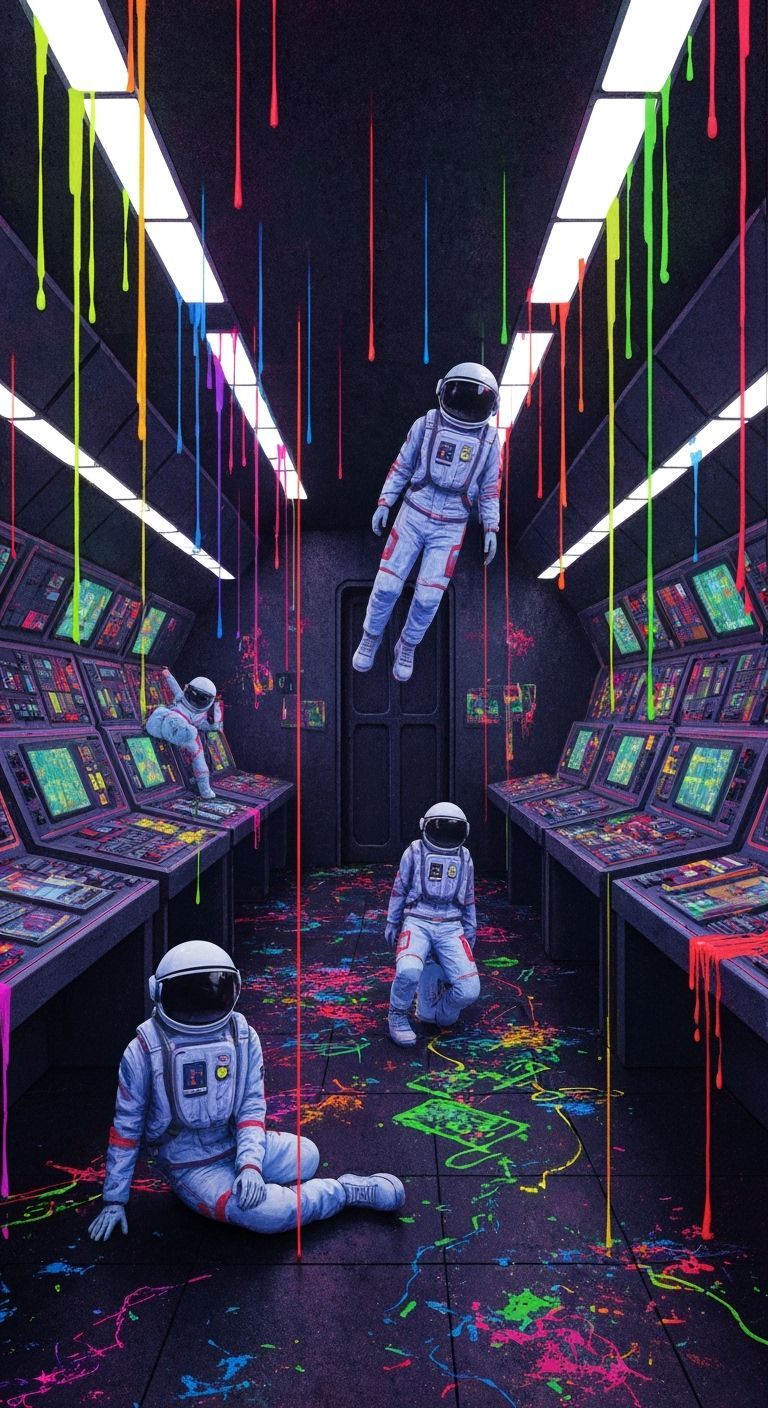 Neon Rain in Retro-Futuristic Rocket, Dada Aesthetics