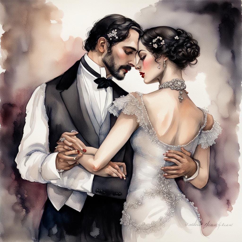 Sensual Tango Threesome in Watercolour and Ink