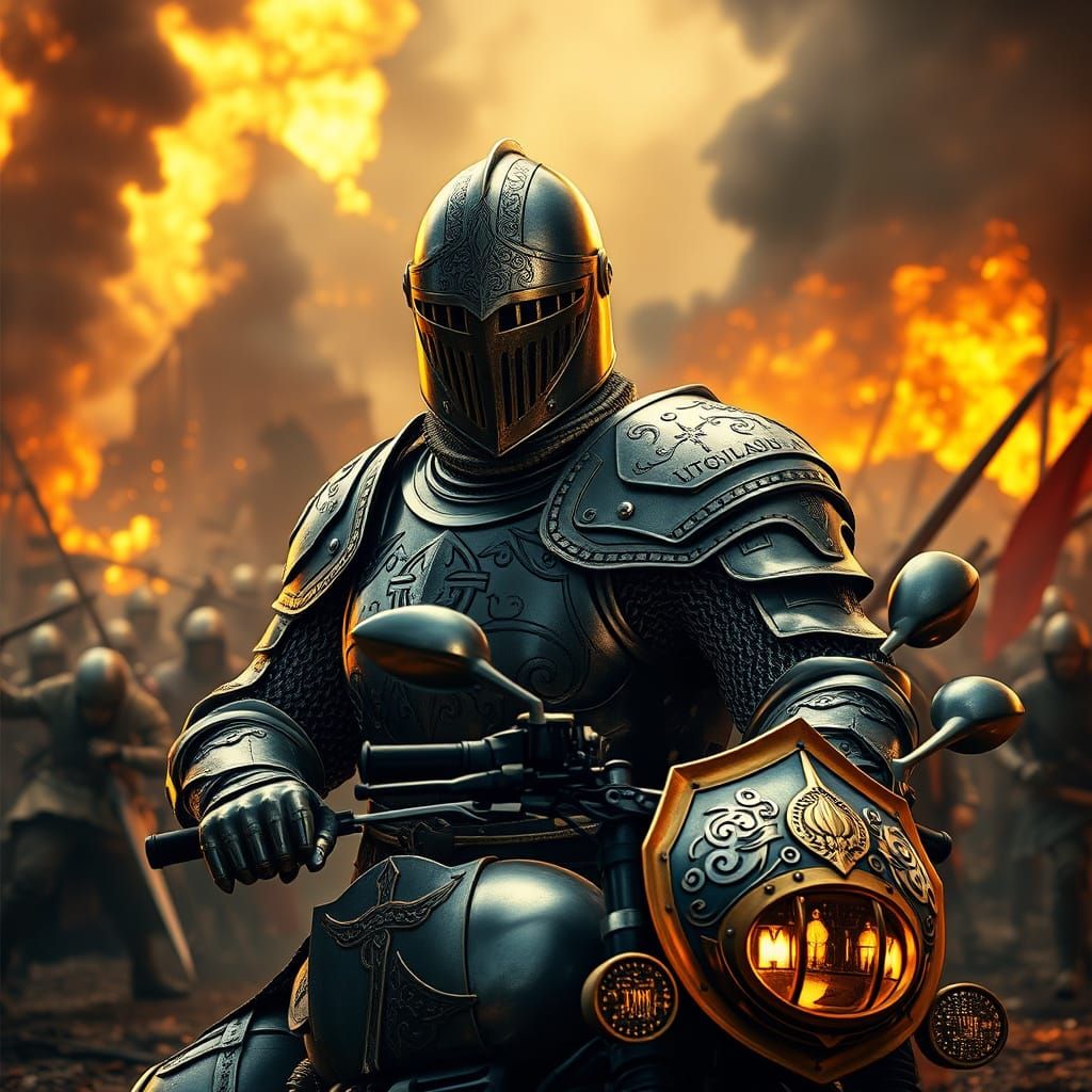 Medieval Knight Heroically Rides Motorcycle in Battle
