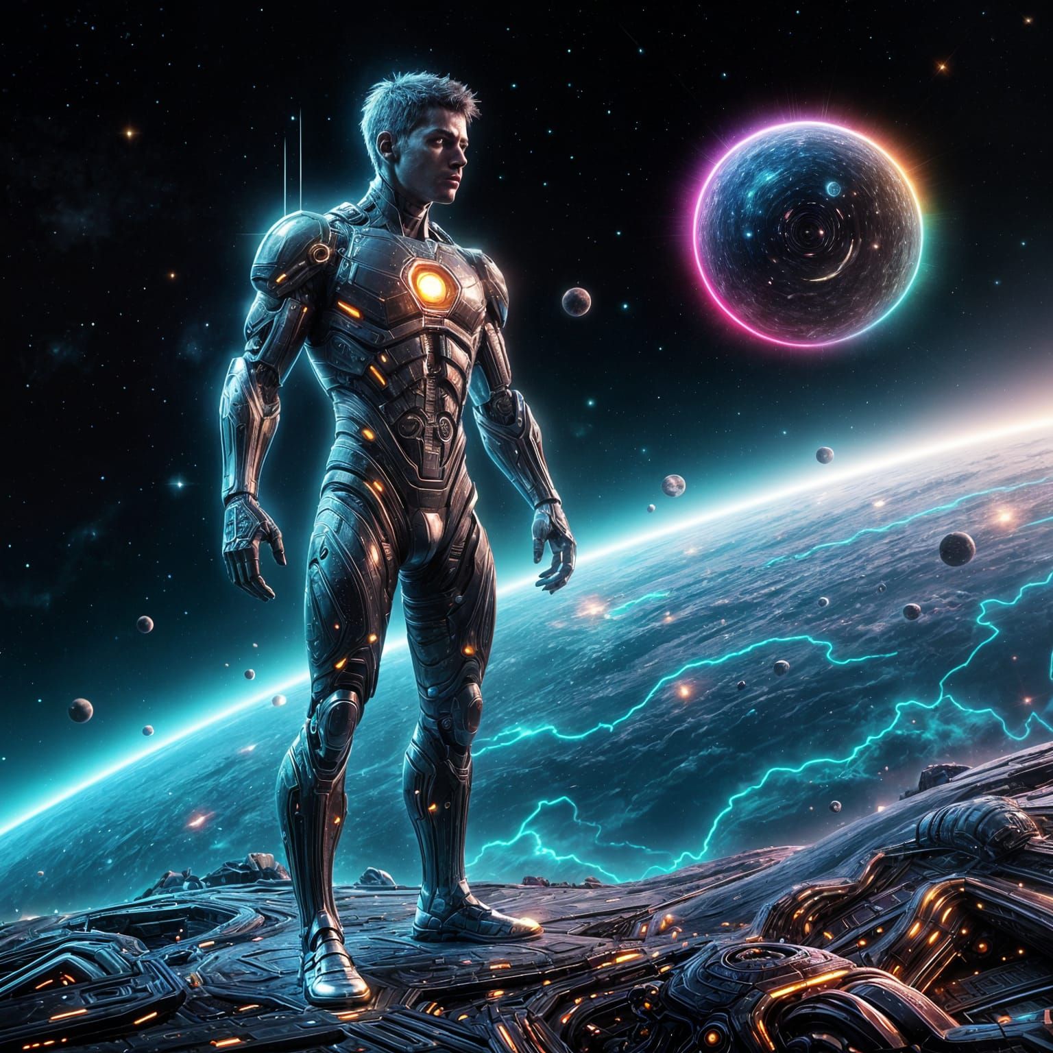 Cyborg in Cosmic Starship Panorama