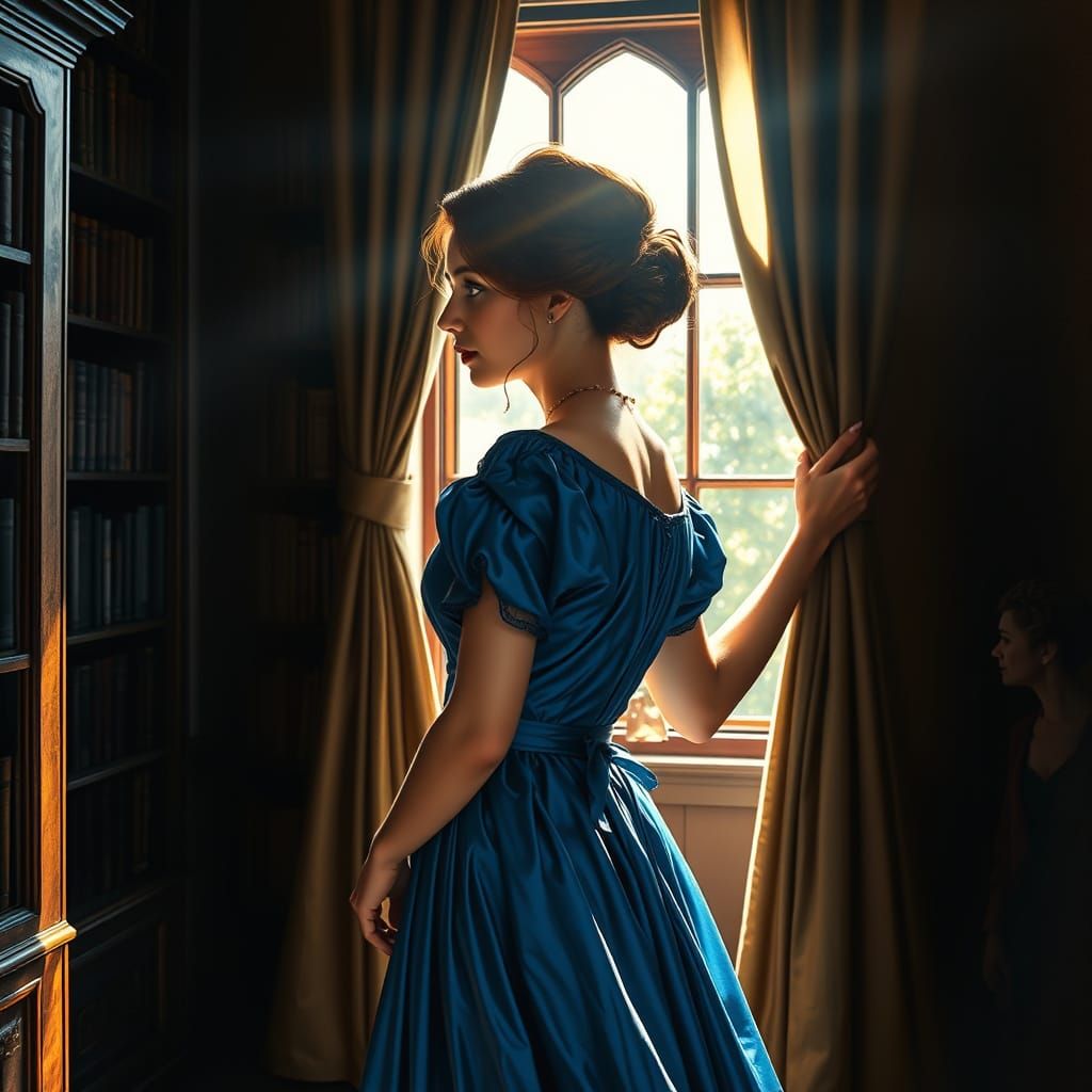 Woman in Regency Dress Opens Curtains to Dark Library