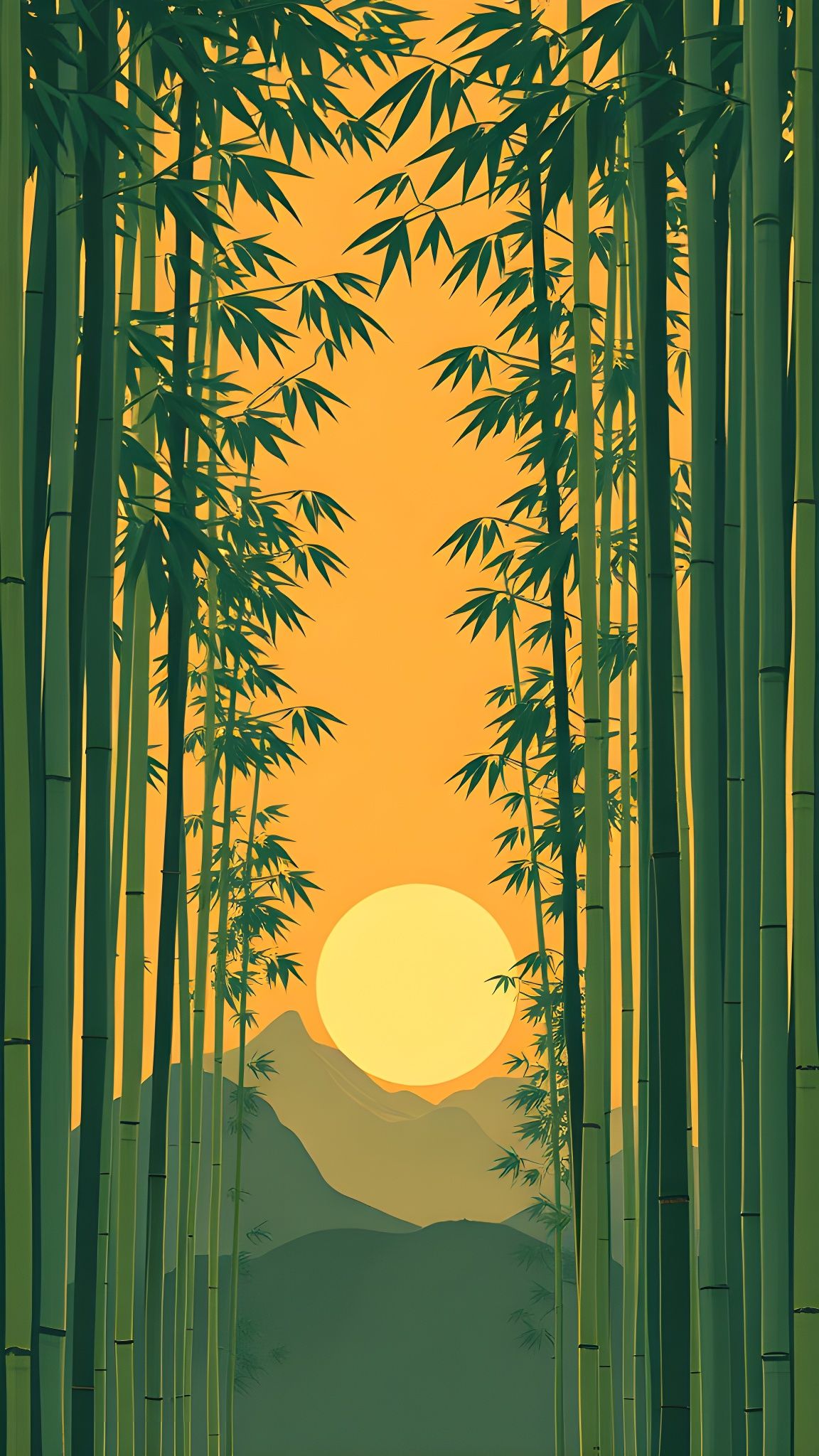 Bamboo Forest Sunset in Japanese Woodcut Style