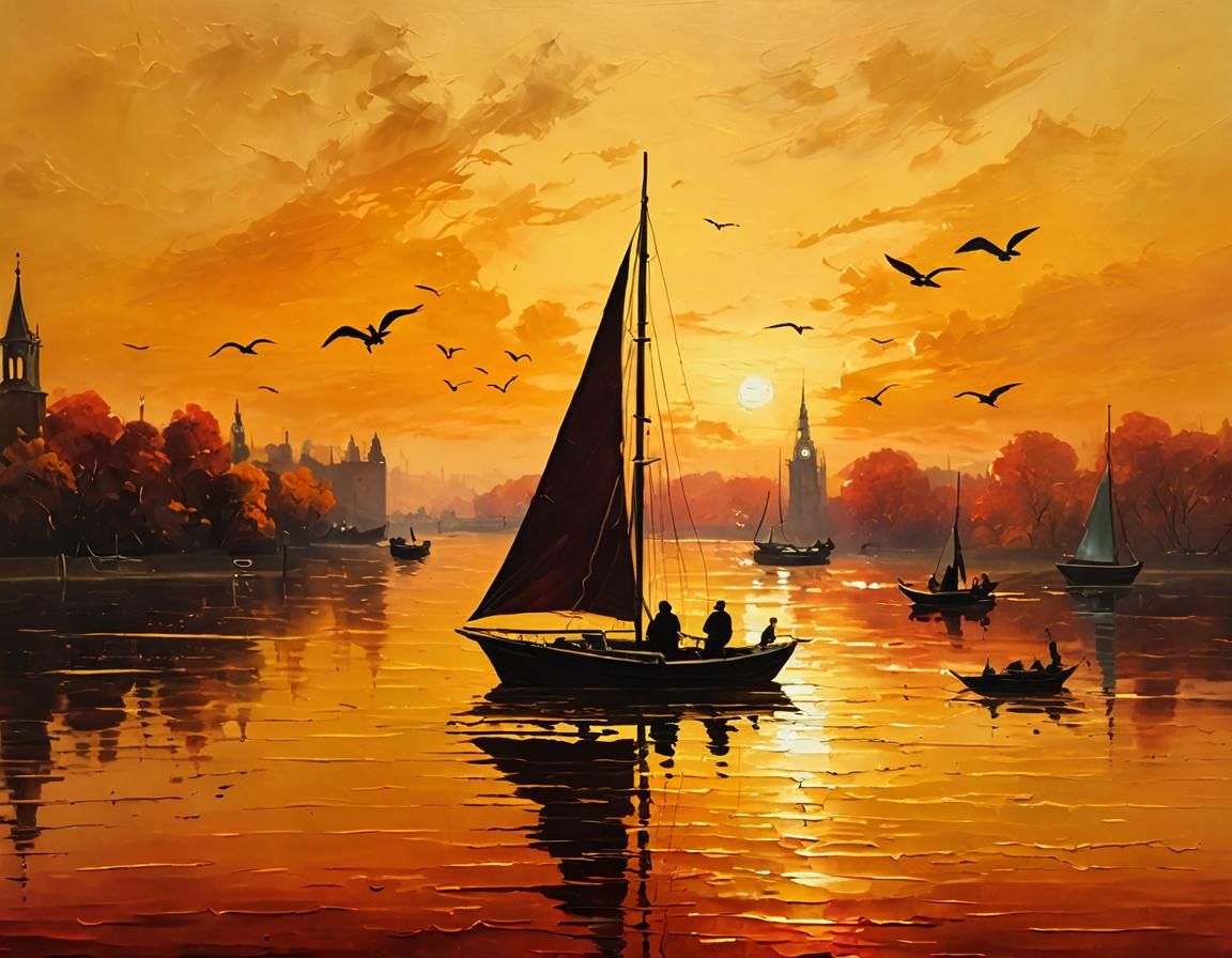 Sailboat on Thames at Dawn in Baroque Style