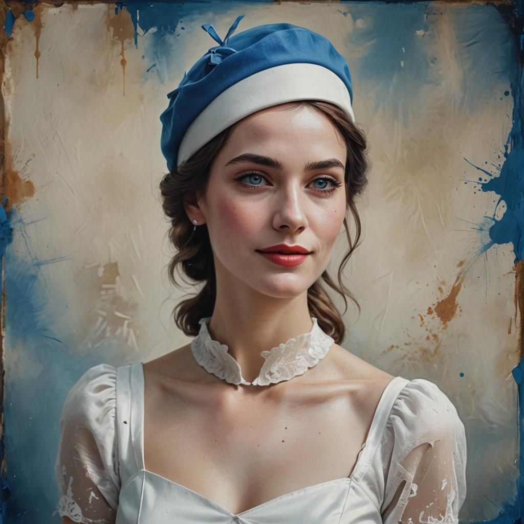 Woman in White Dress with Blue Beret, Photorealistic