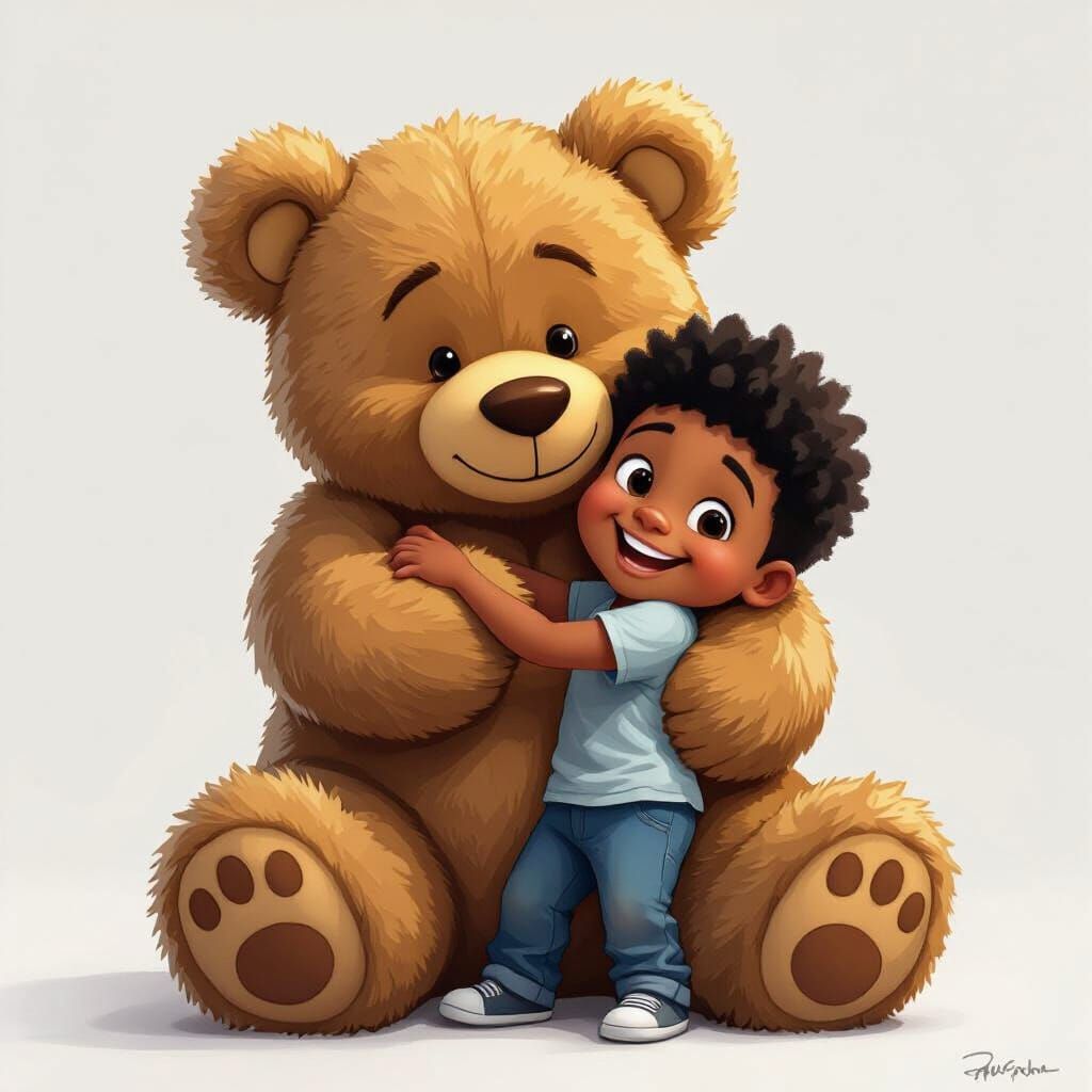 Cute Boy Hugs Giant Teddy Bear in Pixar Style