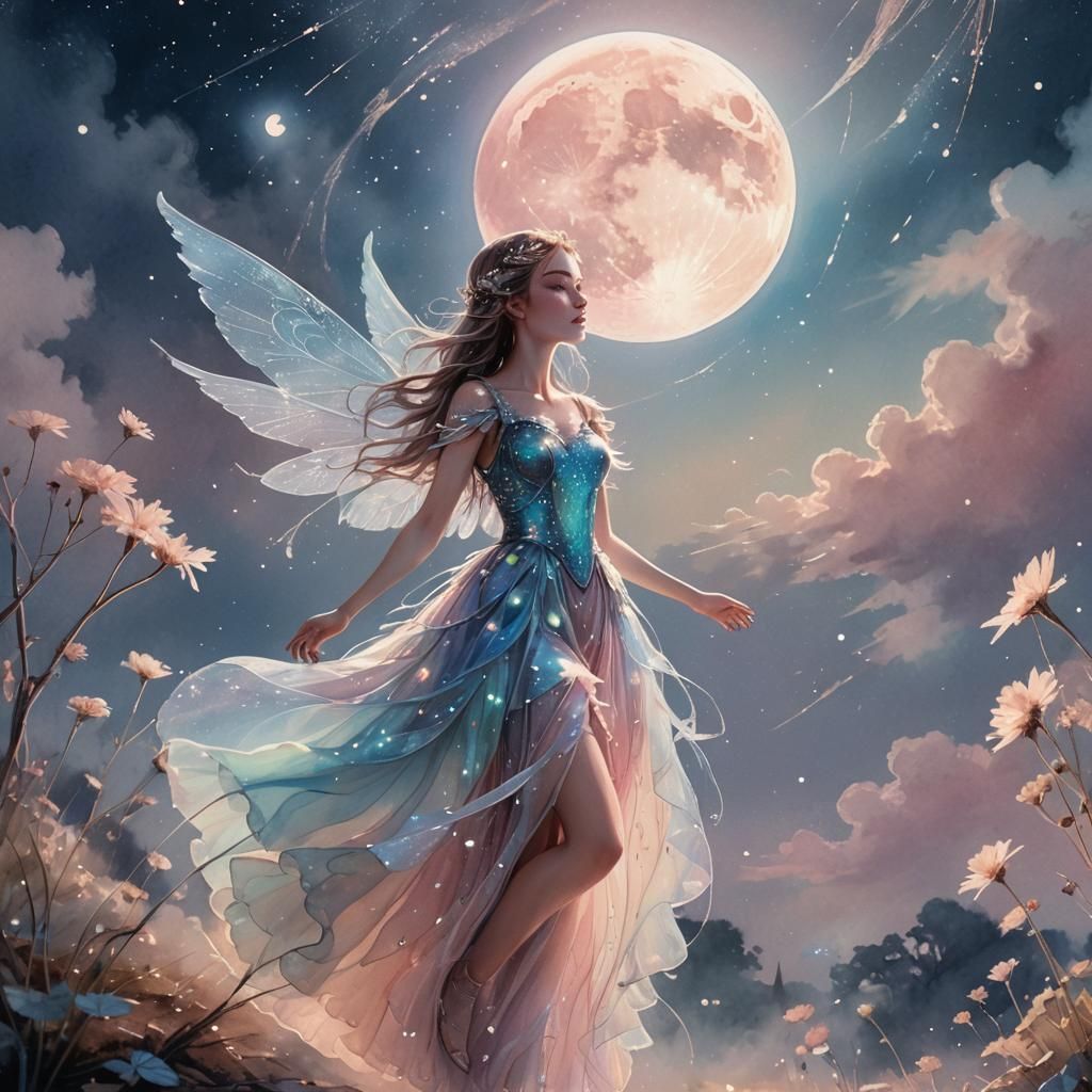 glowing  fairy on the moon beautiful iridescent  fairycore r/Art