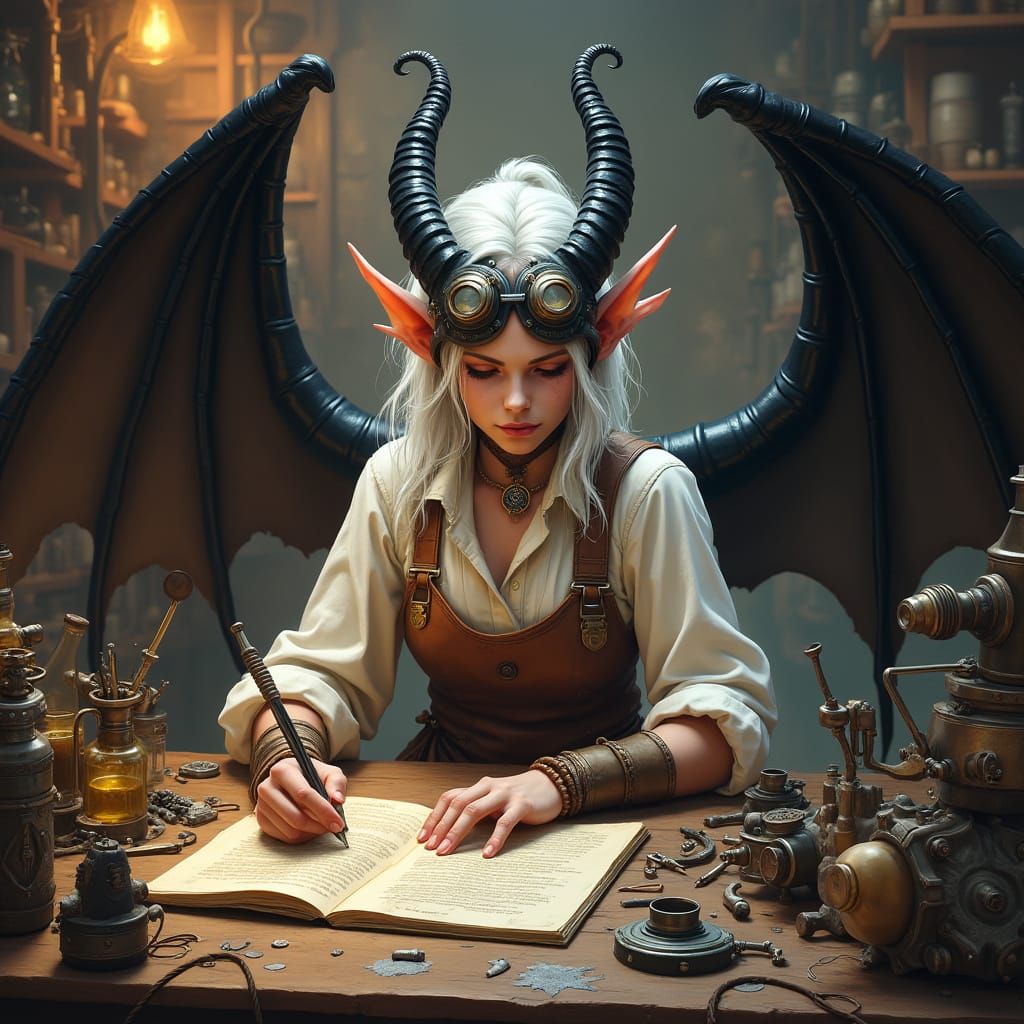 Elegant Tiefling Artificer in Smithy, Studying Magitech Arti...