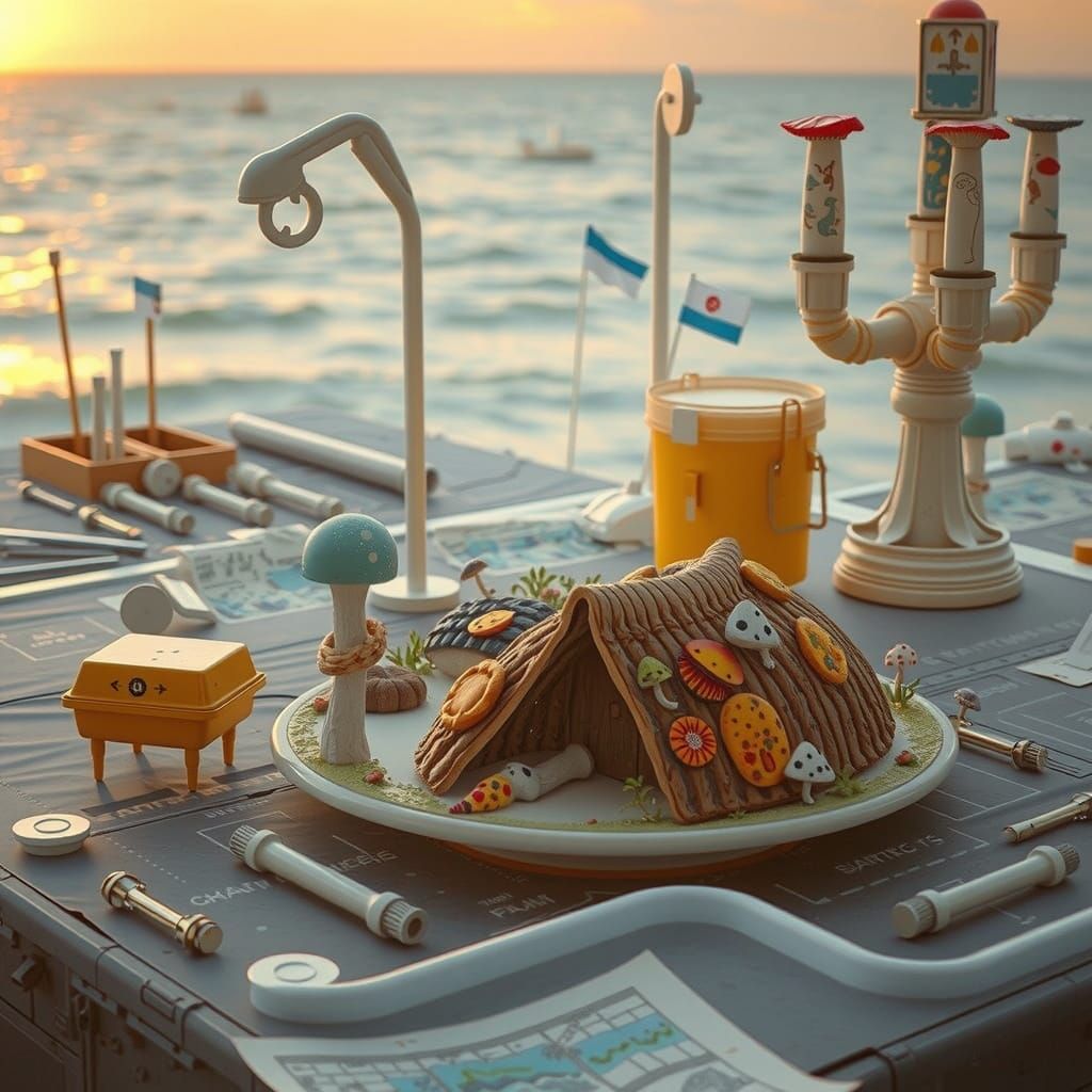 Whimsical Linocut Mushroom Scene in Hyperrealistic Style