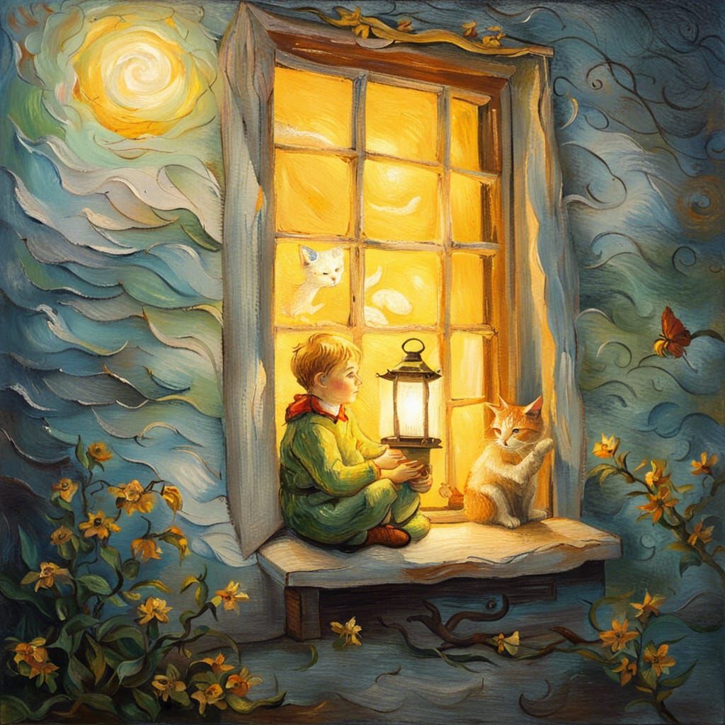 Pixie Gazing at Cat in Window, in Van Gogh Style