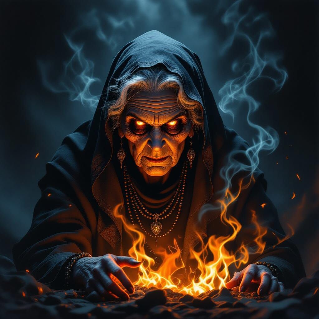 Sinister Ethereal Portrait Of Grandmother Fire