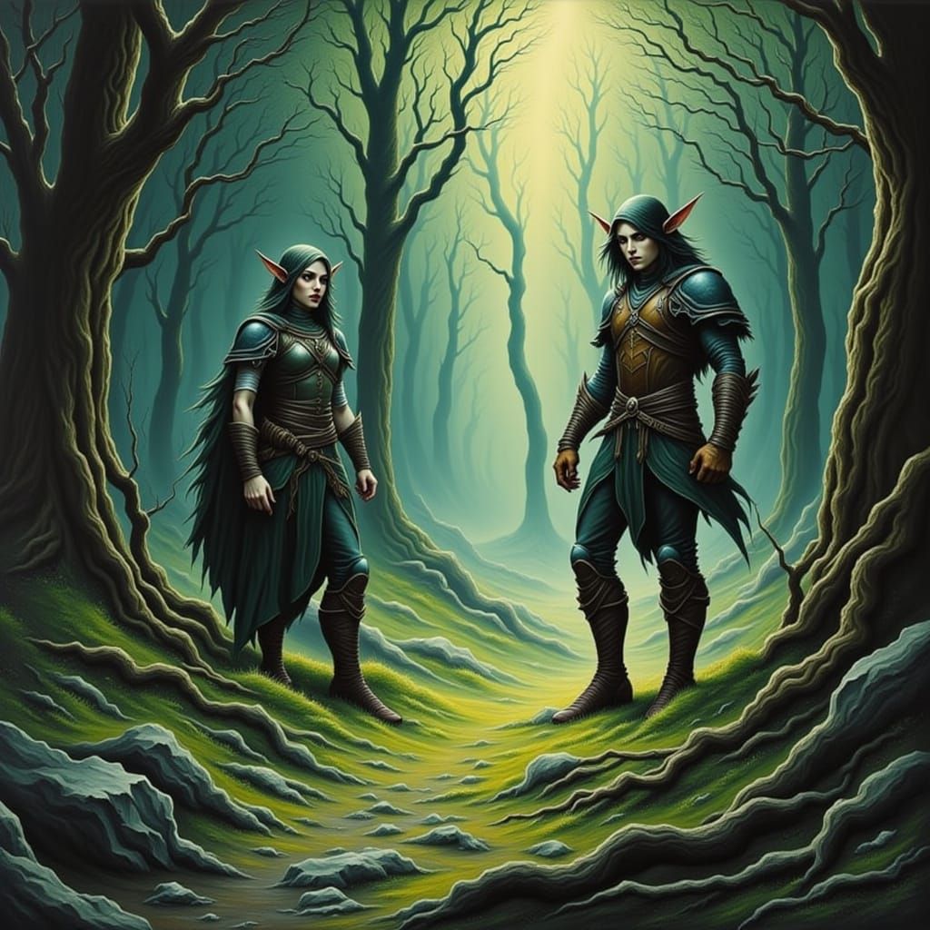 Elven Ranger Stalking Orc in Woods