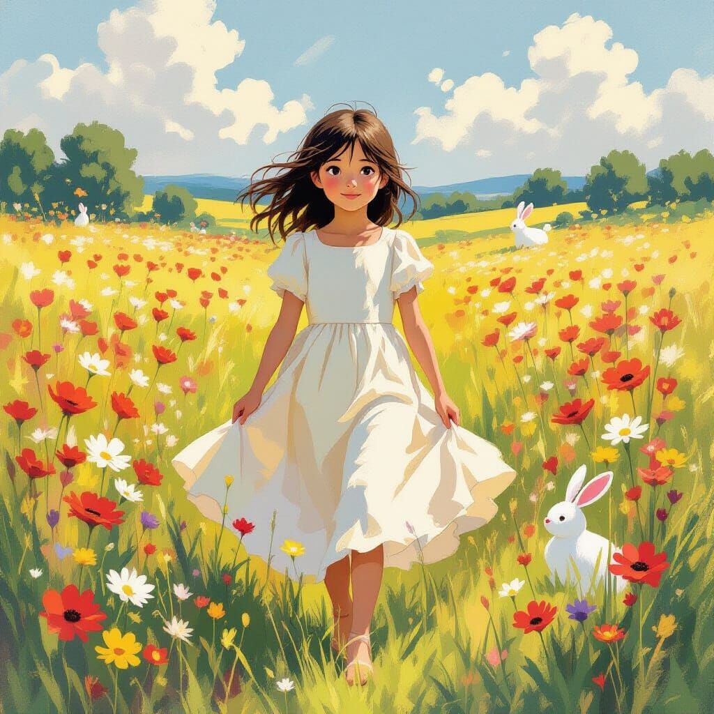 Young Girl in Vibrant Meadow, Whimsical & Impressionist Styl...