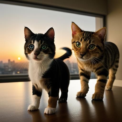 Puppy and Kitten Leap at Sunrise: Hyperrealistic Portrait