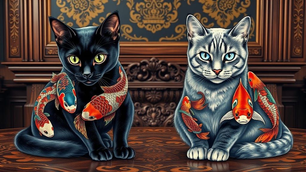Majestic Felines Adorned with Vibrant Koi Tattoos