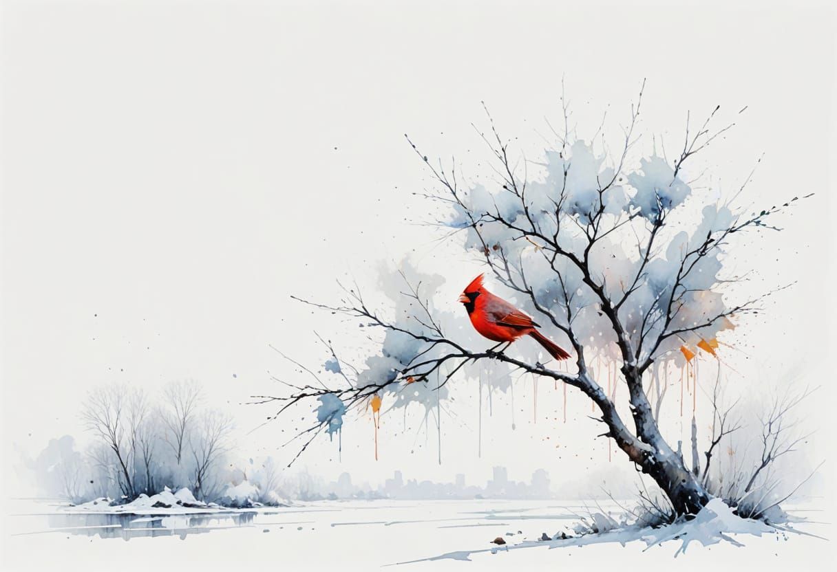 Vivid Cardinal Perched in Blizzard Watercolor Painting