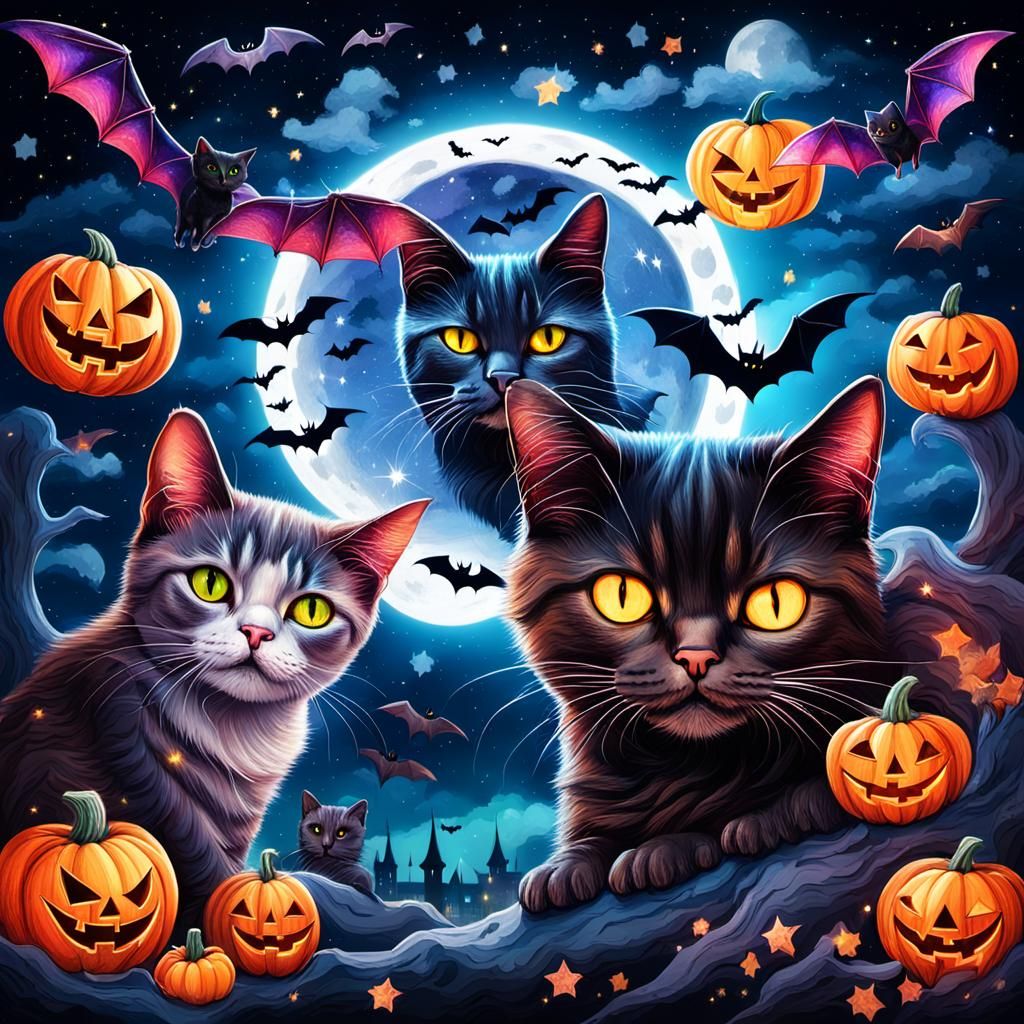Halloween Bats and Cats in Astral Night Sky