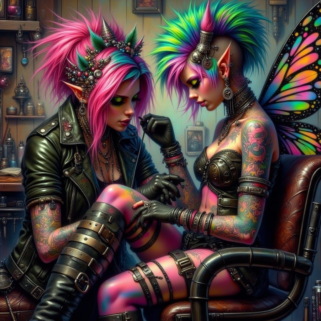 Vibrant Punk Fairy Tattoo Scene in Neon Colors