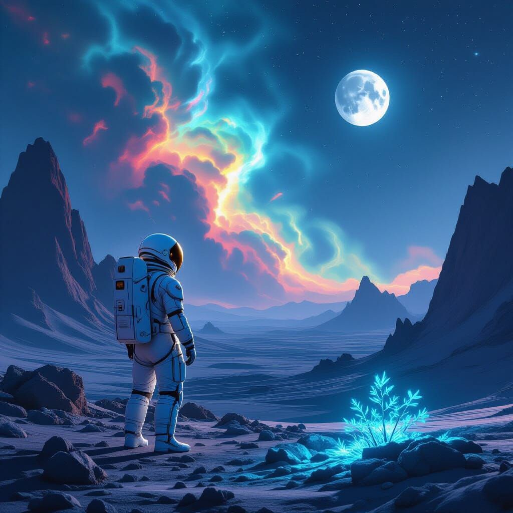 Astronaut Gazes at Alien Sky with Twin Moons