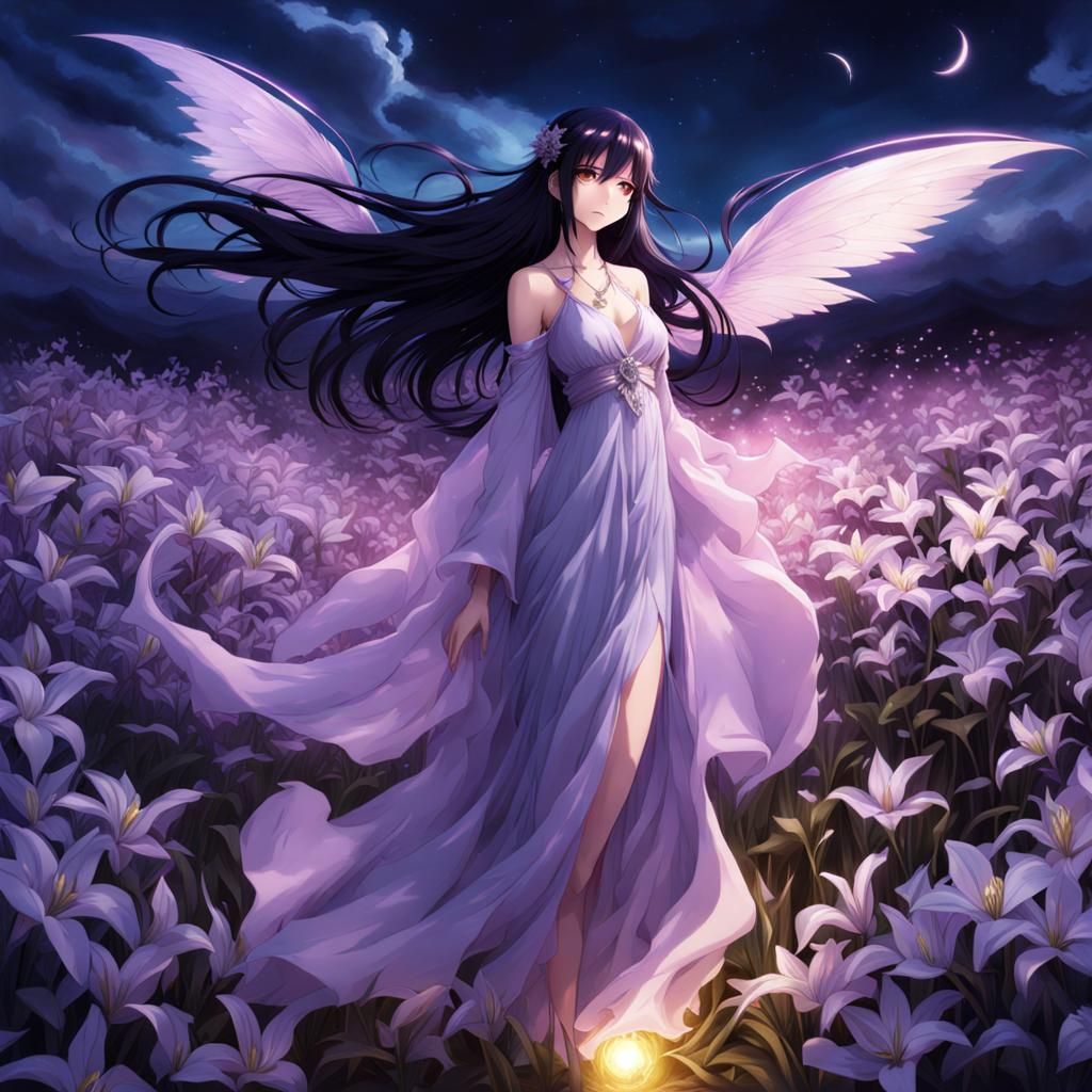 Elegant Demon Girl in Lilac Night, Anime Style